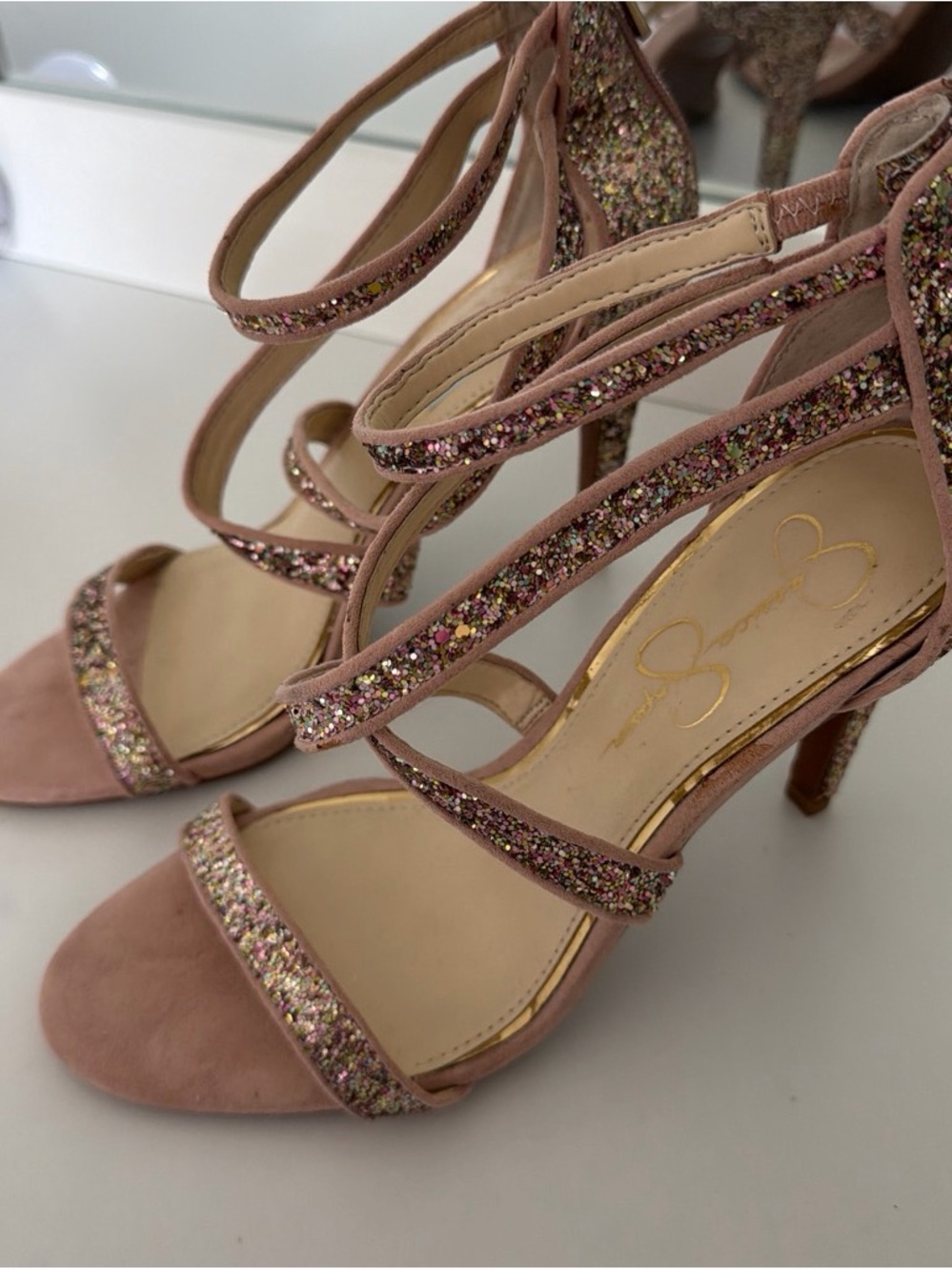 Jessica Simpson Blush Pink Glitter Strappy Heels